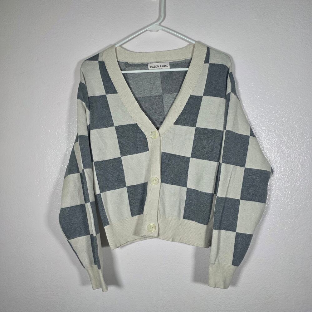 Willow & Wind Buffalo Plaid Cropped Cardigan Gary Ivory Button Front Size S